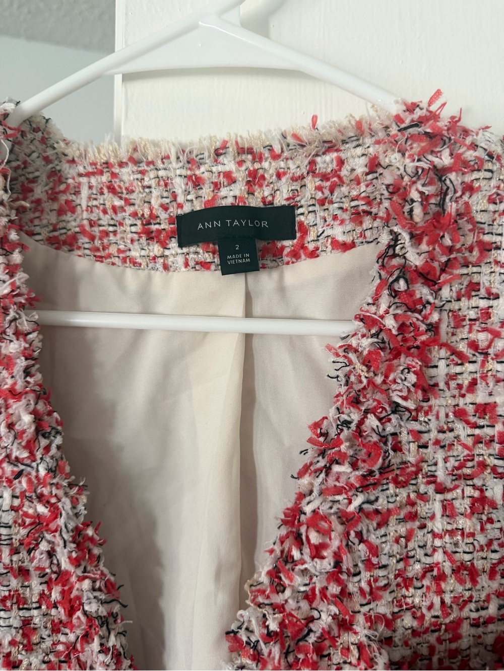 Ann Taylor Coral and White Tweed Fringe Jacket